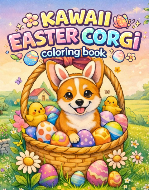 Cover of Happy Paws coloring book featuring a corgi